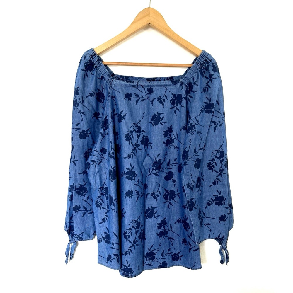 Liz Claiborne Womens Chambray Floral Top Size XL Blue Boho Peasant Cottagecore